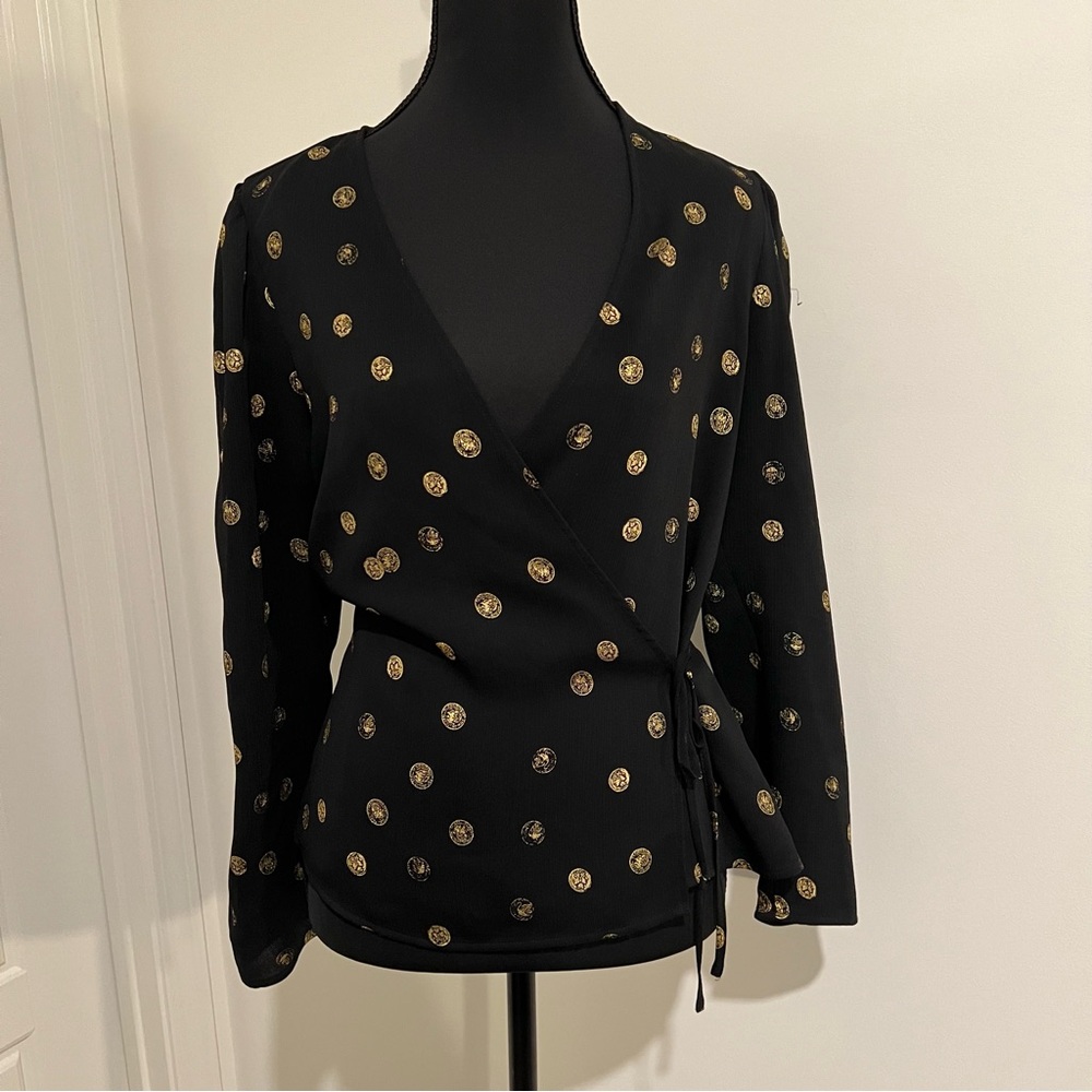 Other Stories Women's Black And Gold Patterned Long Sleeve Wrap Top Blouse SZ 6